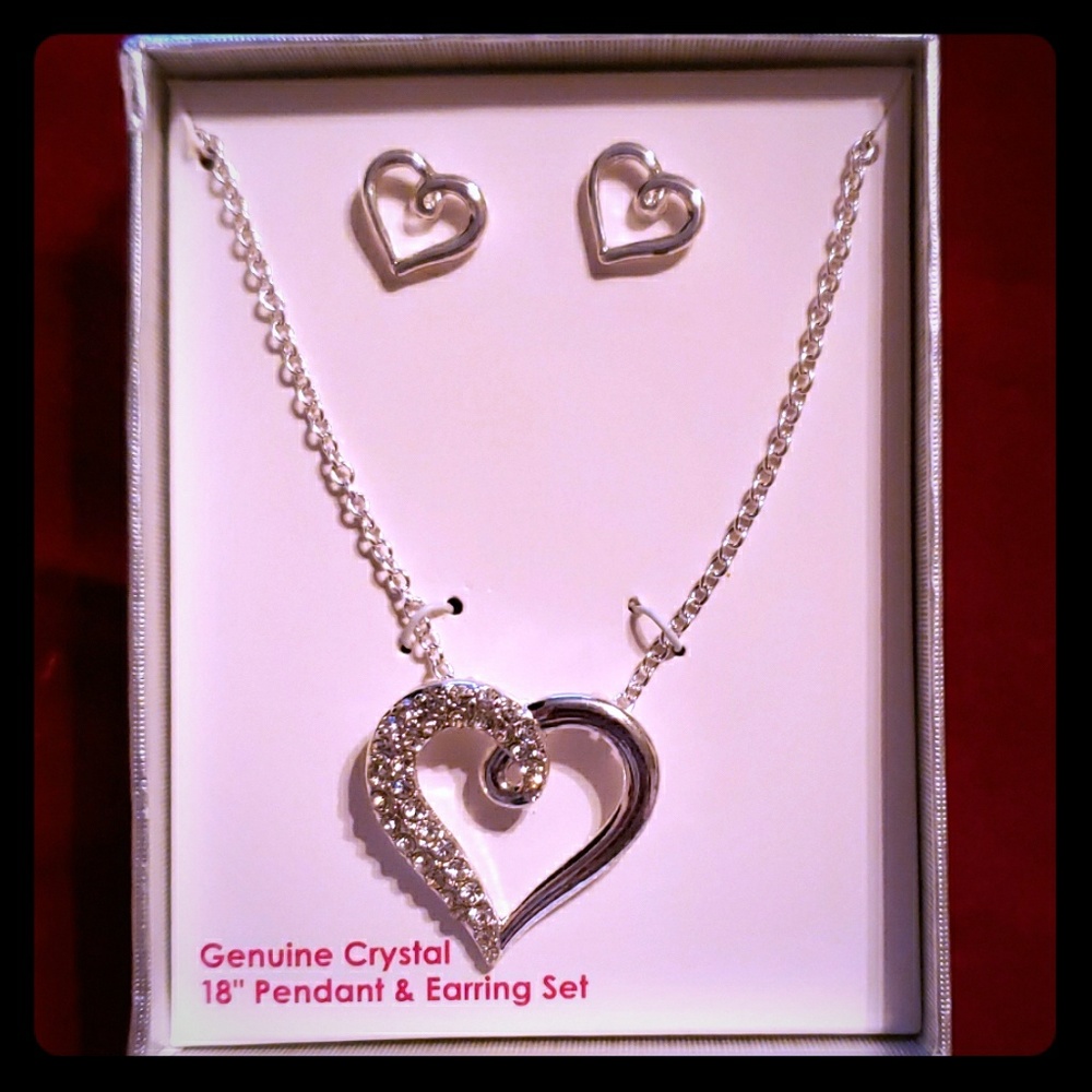 Silver tone & rhinestone heart necklace & earrings